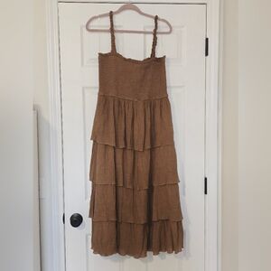 Fashion Nova Womens Brown Tiered Ruffle Midi Sundress Smocked Boho Summer XL